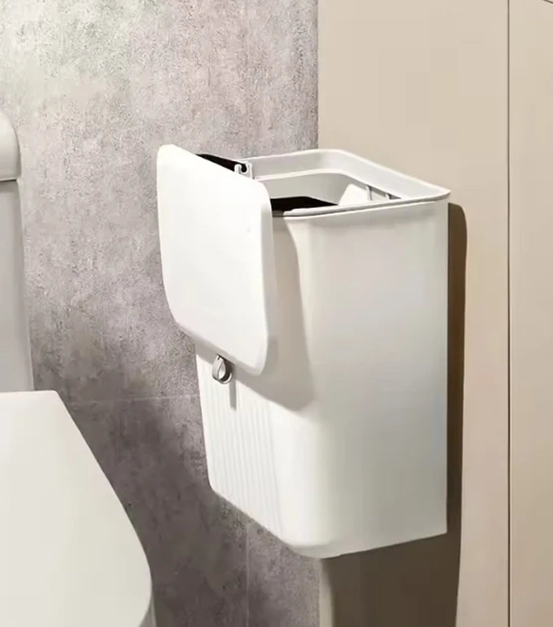 White Wall-Mounted Trash Bin Durable Plastic Space-Saving Kitchen Garbage Storage Multi-Functional Effortless Cleanup